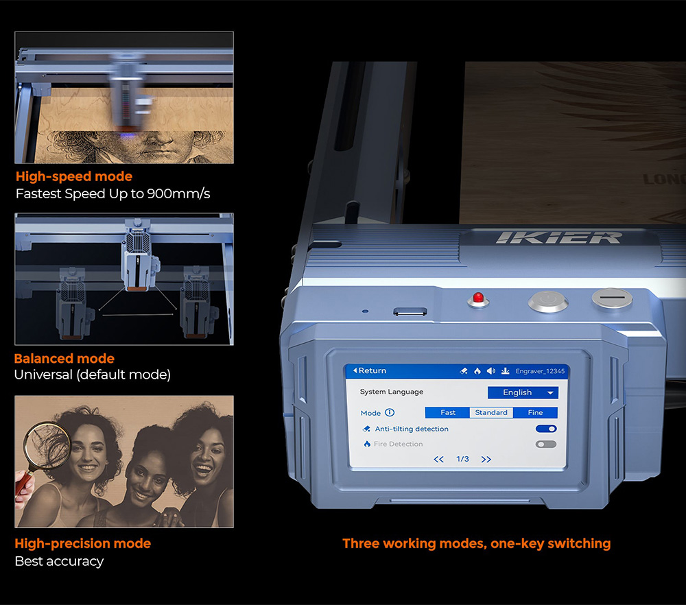 IKIER K1 Pro Max 48W Lasergravierer, 410 mm × 410 mm Arbeitsbereich, 0,01 mm Präzision, 900 mm/s Vorschubgeschwindigkeit, Dual-Gear-Laser, intelligenter Autofokus und automatisches Senkschneiden