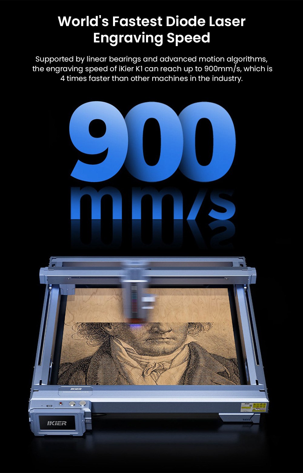 IKIER K1 Pro Max 48W Lasergravierer, 410 mm × 410 mm Arbeitsbereich, 0,01 mm Präzision, 900 mm/s Vorschubgeschwindigkeit, Dual-Gear-Laser, intelligenter Autofokus und automatisches Senkschneiden
