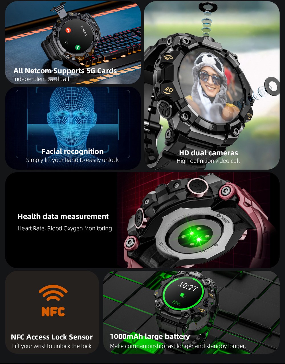 LOKMAT APPLLP 2 Pro Smartwatch, 1.508 inch AMOLED Screen, Supports 5G LTE, Dual Cameras, Facial Recognition, Health Data Monitoring - Black, 4GB+64GB