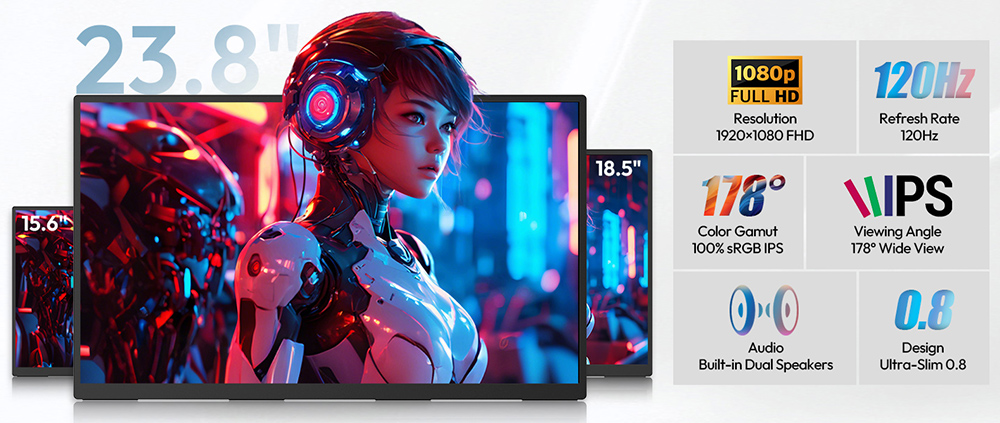 MESWAO S238 23.8 inch Portable Monitor, 1080P FHD IPS Screen, 120Hz Refresh Rate, 100% sRGB, 178° Wide Viewing Angle, Built-in Dual Speaker, 180° Adjustable Mount, 100x100mm VESA Mount, 2*Type-C, 1*HDMI, 1*Audio - US Plug