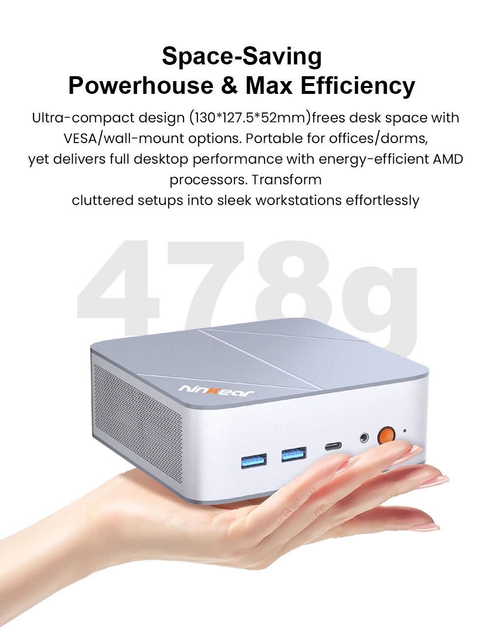 Mini PC Ninkear M8, processeur AMD Ryzen 7 8745HS 8 cœurs (4,9 GHz max.), 16 Go de RAM DDR5, SSD 1 To, triple affichage (DP : 8K + HDMI : 4K + USB-C : 4K), Wi-Fi 6, Bluetooth 5.2, 3 ports USB 3.2, 1 port USB 2.0, 2 ports RJ45 2,5 Gb/s, 1 prise casque