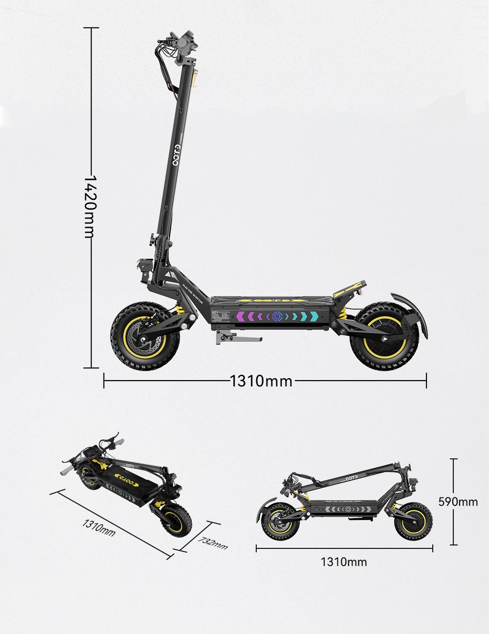 OOTD T10 Pro Electric Scooter, 2*1300W Motor, 52V 23.4Ah Battery, 11 inch Tires, 65km/h Max Speed, 70km Range, Hydraulic Disc Brakes, Spring Suspension