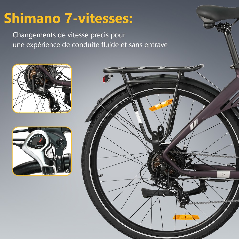 TTGO C3 SE Vélo électrique, moteur 250W, batterie 36V 18Ah, pneus de 28 pouces, vitesse maximale de 25 km/h, autonomie maximale de 120 km, freins à disque mécaniques, fourche à suspension avant, Shimano 7 vitesses - Violet