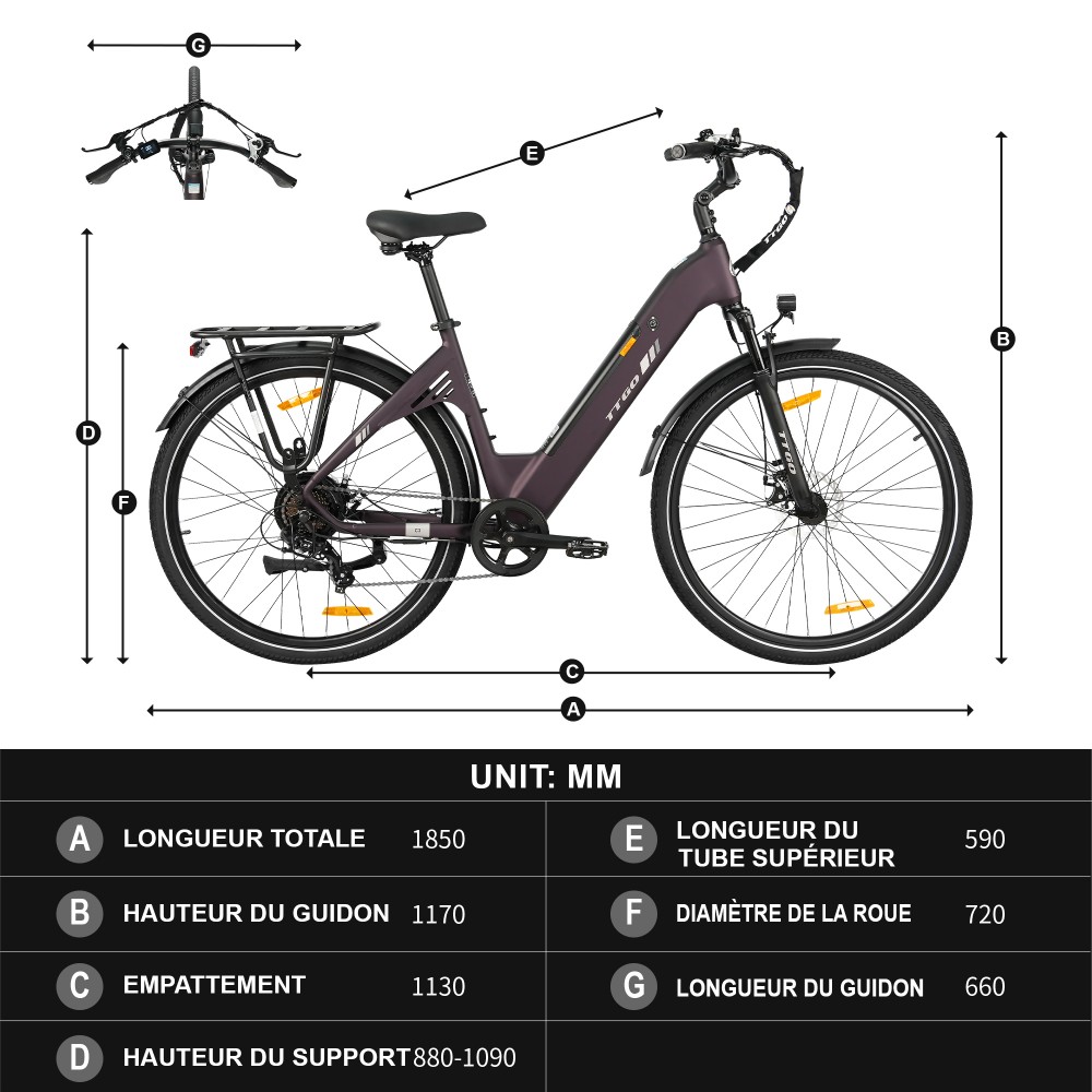 TTGO C3 SE Vélo électrique, moteur 250W, batterie 36V 18Ah, pneus de 28 pouces, vitesse maximale de 25 km/h, autonomie maximale de 120 km, freins à disque mécaniques, fourche à suspension avant, Shimano 7 vitesses - Violet