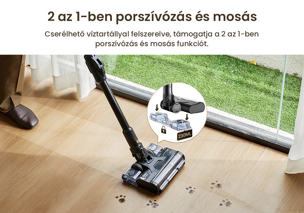 Proscenic P20 OnePass Vezeték Nélküli Porszívó, 70000Pa Szívóerő, 70 Perc Üzemidő, 680W Kefe Nélküli Motor, 180°-ban Hajlítható Cső, Nedves és Száraz Tisztítás Extra Víztartállyal