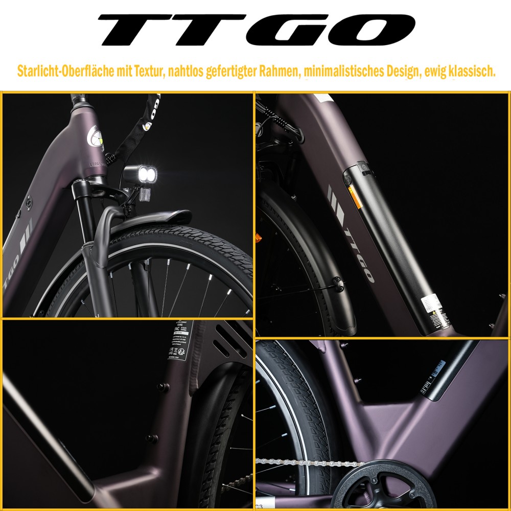 TTGO C3 SE Elektrofahrrad, 250W Motor, 36V 18Ah Batterie, 28 Zoll Reifen, 25 km/h Höchstgeschwindigkeit, 120 km maximale Reichweite, mechanische Bremsen, Vorderradfederung, Shimano 7-Gang - Lila