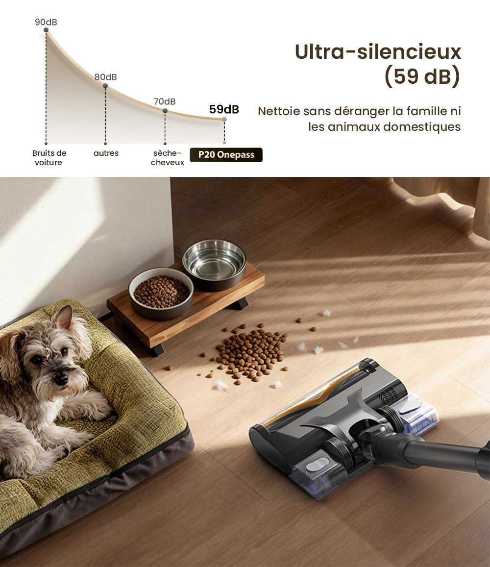 Proscenic P20 OnePass Aspirateur Sans Fil, Suction de 70000Pa, Autonomie de 70 Minutes, Moteur Brushless de 680W, Tube Flexible à 180°, Nettoyage Humide et Sec avec Réservoir d’Eau Supplémentaire