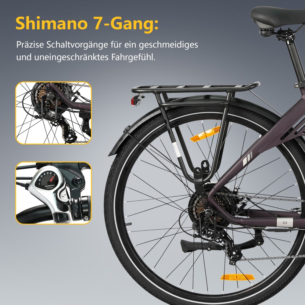 TTGO C3 SE Elektrofahrrad, 250W Motor, 36V 18Ah Batterie, 28 Zoll Reifen, 25 km/h Höchstgeschwindigkeit, 120 km maximale Reichweite, mechanische Bremsen, Vorderradfederung, Shimano 7-Gang - Lila