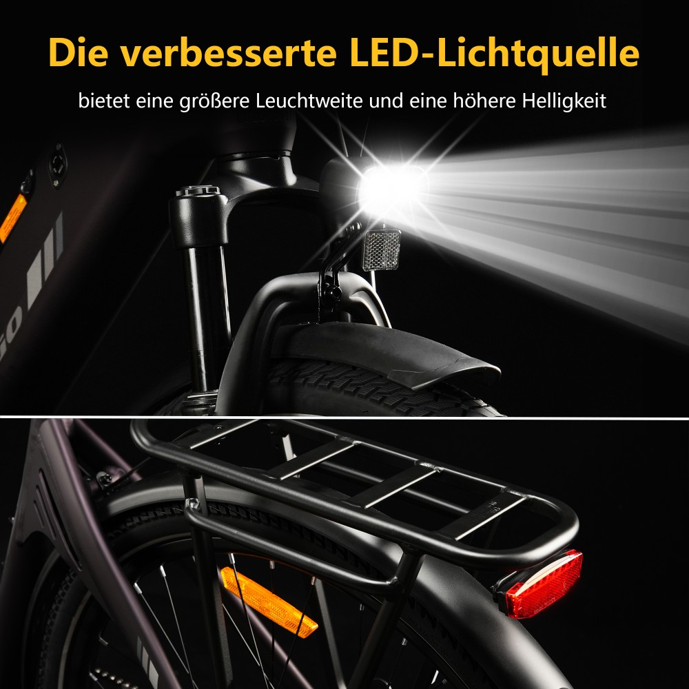 TTGO C3 SE Elektrofahrrad, 250W Motor, 36V 18Ah Batterie, 28 Zoll Reifen, 25 km/h Höchstgeschwindigkeit, 120 km maximale Reichweite, mechanische Bremsen, Vorderradfederung, Shimano 7-Gang - Lila