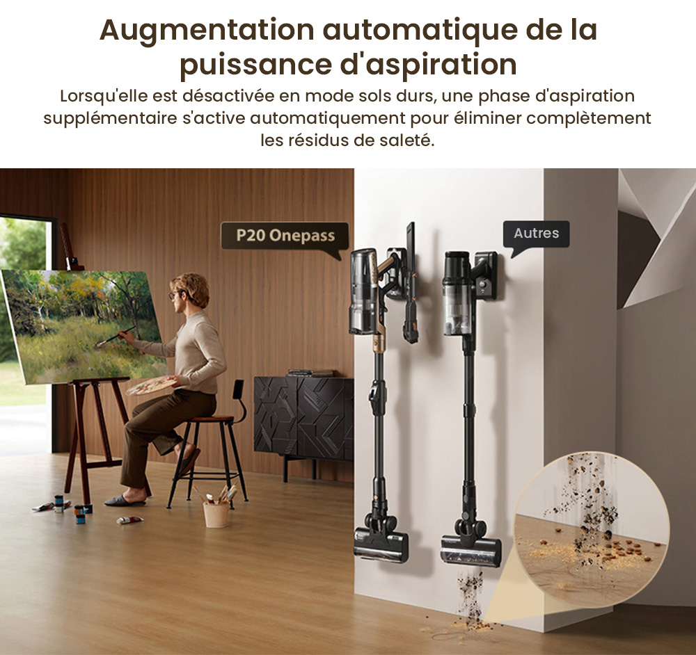 Proscenic P20 OnePass Aspirateur Sans Fil, Suction de 70000Pa, Autonomie de 70 Minutes, Moteur Brushless de 680W, Tube Flexible à 180°, Nettoyage Humide et Sec avec Réservoir d’Eau Supplémentaire