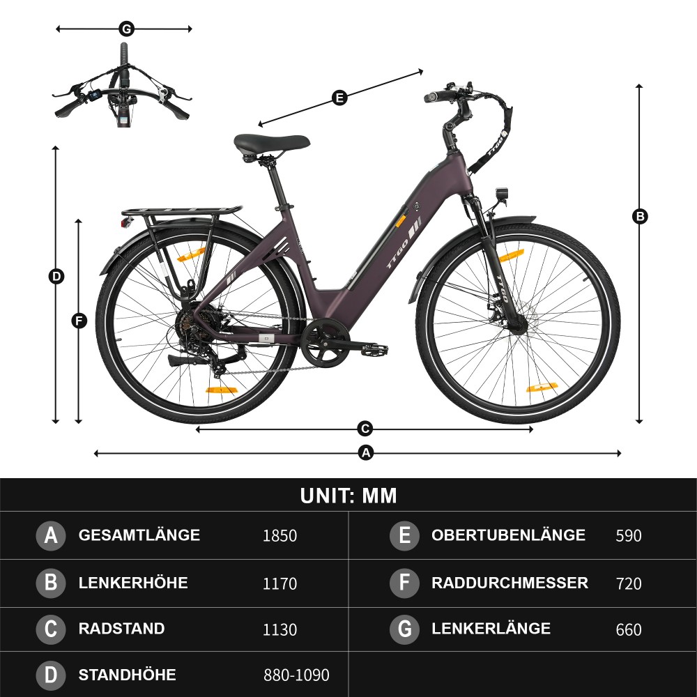 TTGO C3 SE Elektrofahrrad, 250W Motor, 36V 18Ah Batterie, 28 Zoll Reifen, 25 km/h Höchstgeschwindigkeit, 120 km maximale Reichweite, mechanische Bremsen, Vorderradfederung, Shimano 7-Gang - Lila