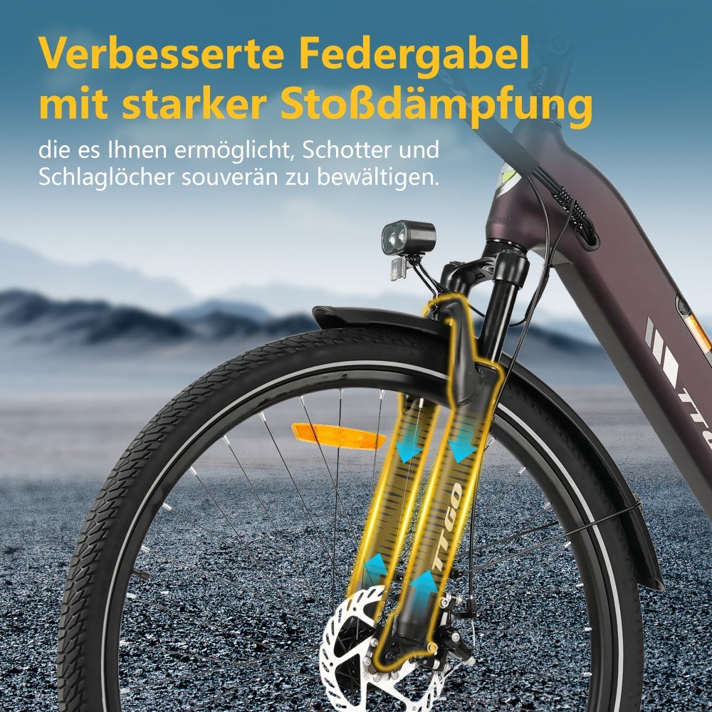 TTGO C3 SE Elektrofahrrad, 250W Motor, 36V 18Ah Batterie, 28 Zoll Reifen, 25 km/h Höchstgeschwindigkeit, 120 km maximale Reichweite, mechanische Bremsen, Vorderradfederung, Shimano 7-Gang - Lila