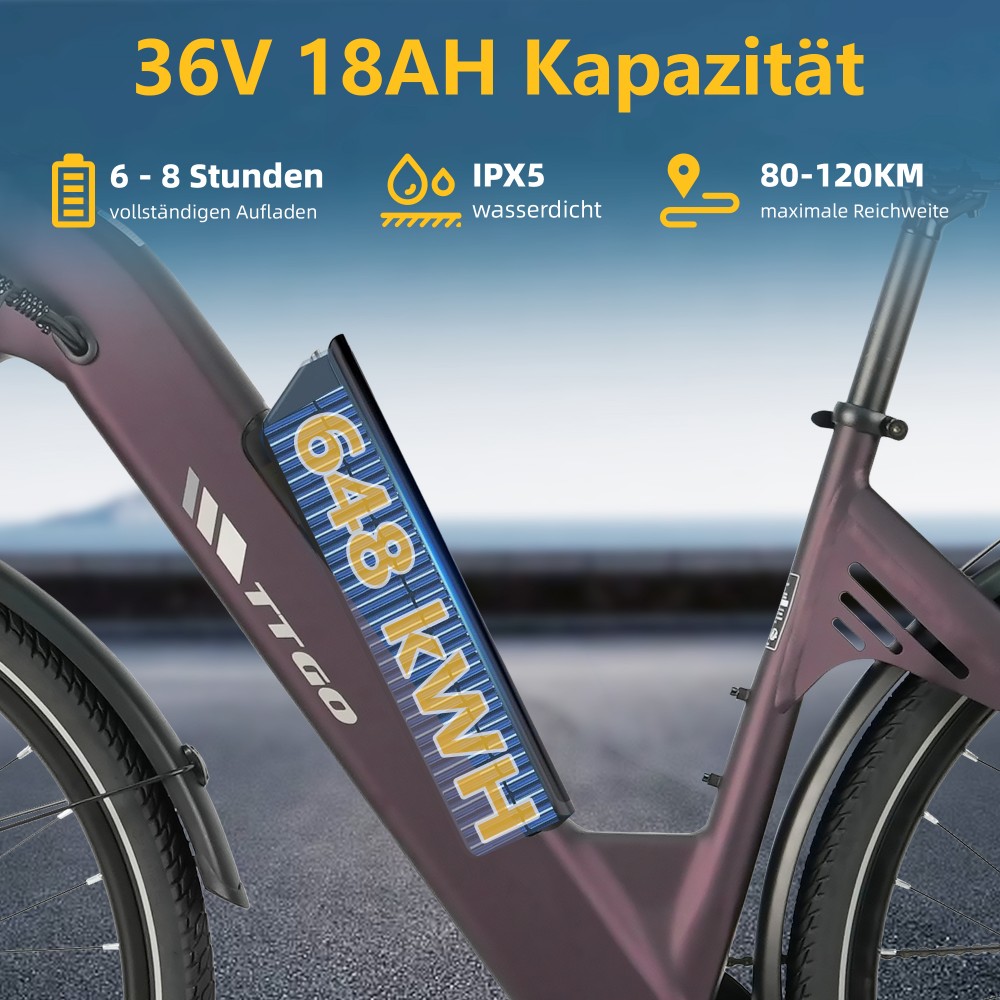 TTGO C3 SE Elektrofahrrad, 250W Motor, 36V 18Ah Batterie, 28 Zoll Reifen, 25 km/h Höchstgeschwindigkeit, 120 km maximale Reichweite, mechanische Bremsen, Vorderradfederung, Shimano 7-Gang - Lila