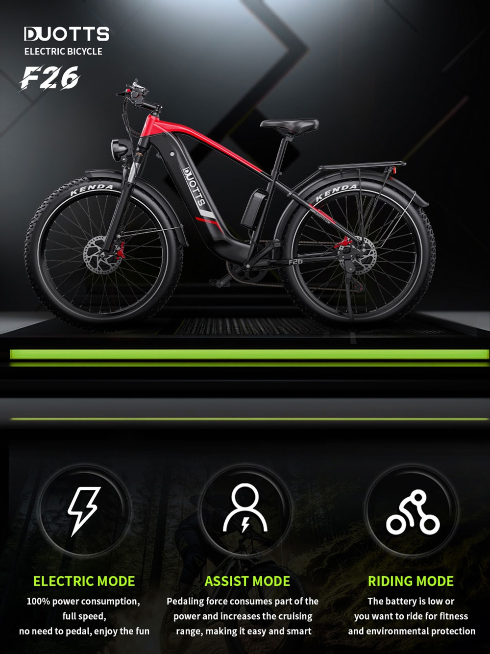 DUOTTS F26 Lite Electric Bike, 500W Motor, 48V 18Ah Battery, 26*4.0 inch Tires, 50km/h Max Speed, 90km Range, Hydraulic Disc Brake, Front Fork Hydraulic Suspension, Shimano 7-speed, APP Control - Black Red