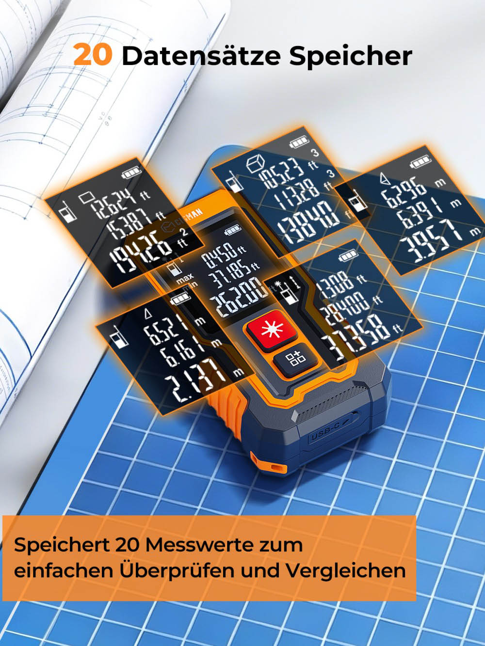 CIGMAN CD-80T Taschenformat-Laser-Maßband, 80m Reichweite, ±2mm Genauigkeit, IP54 wasserdicht, 20 Datengruppen, Typ-C wiederaufladbares Laser-Entfernungsmessgerät