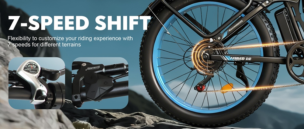Orlms V3 Elektrofahrrad, 1000 W * 2 Motor, 60 V 25 Ah Akku, 26 * 4,0 Zoll Reifen, 26 * 4,0 Zoll Reifen, 60 km/h Höchstgeschwindigkeit, 120 km maximale Reichweite, hydraulische Bremsen, gefederte Vordergabel, 7-Gang - Blau