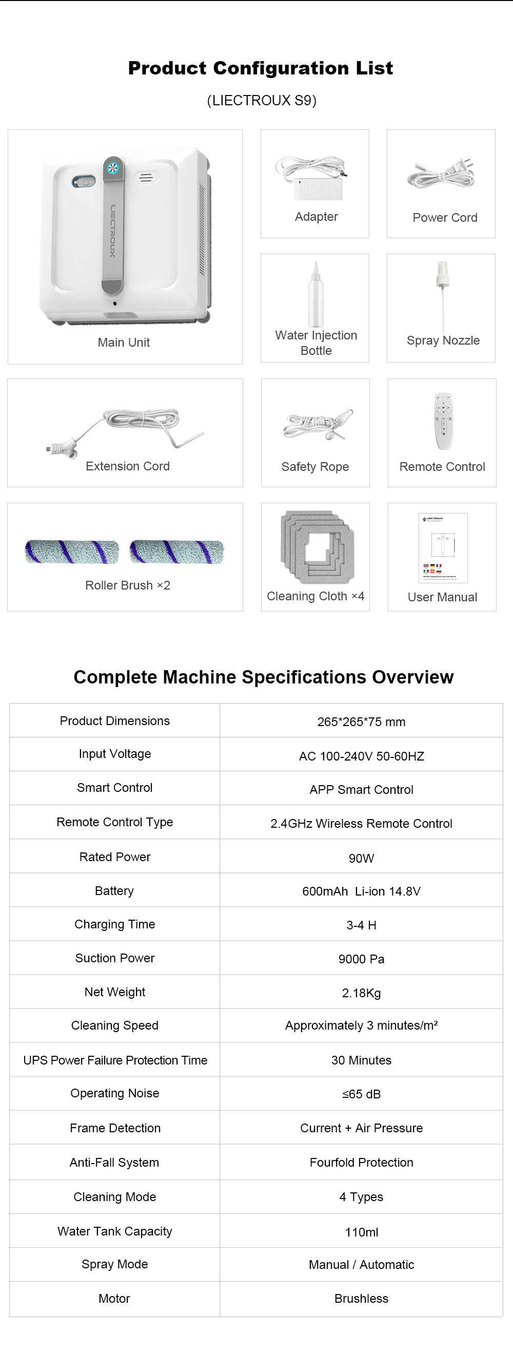 Liectroux S9 Window Cleaning Robot, Dual Roller Brushes, 6-way Water Spray, 9000Pa Suction, Remote and App Control