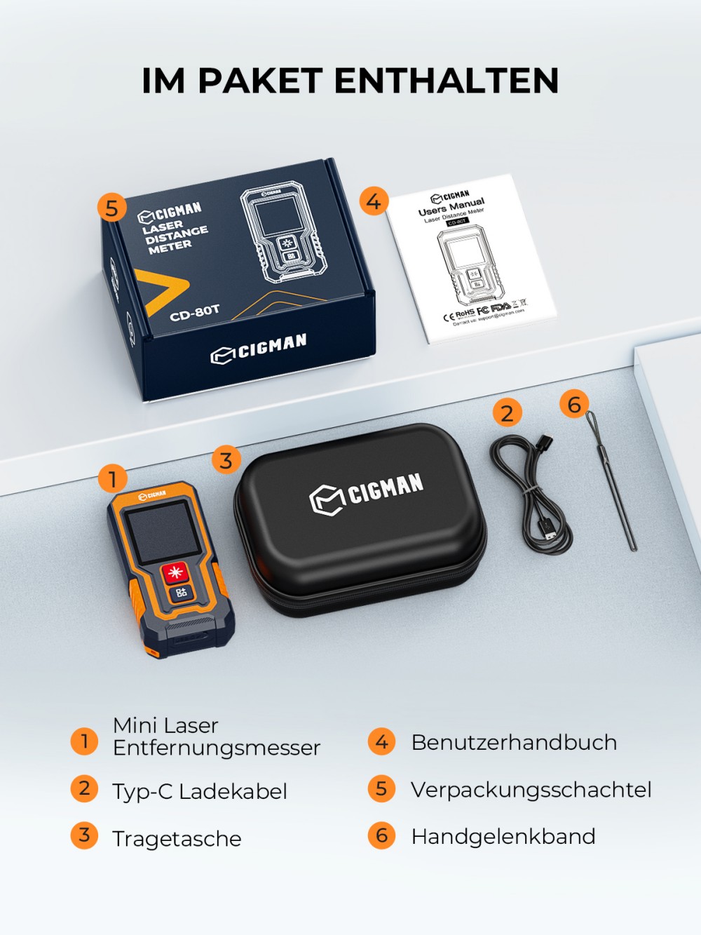 CIGMAN CD-80T Taschenformat-Laser-Maßband, 80m Reichweite, ±2mm Genauigkeit, IP54 wasserdicht, 20 Datengruppen, Typ-C wiederaufladbares Laser-Entfernungsmessgerät