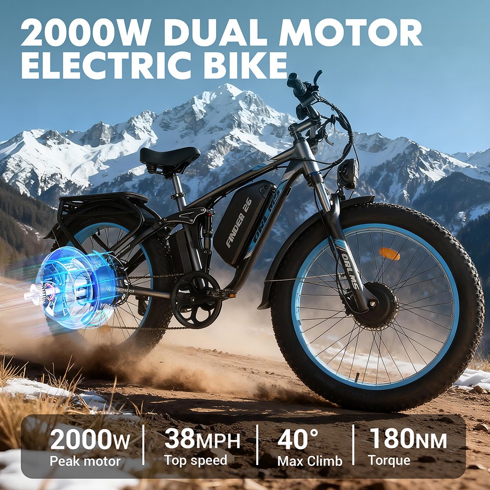 Orlms V3 Elektrofahrrad, 1000 W * 2 Motor, 60 V 25 Ah Akku, 26 * 4,0 Zoll Reifen, 26 * 4,0 Zoll Reifen, 60 km/h Höchstgeschwindigkeit, 120 km maximale Reichweite, hydraulische Bremsen, gefederte Vordergabel, 7-Gang - Blau