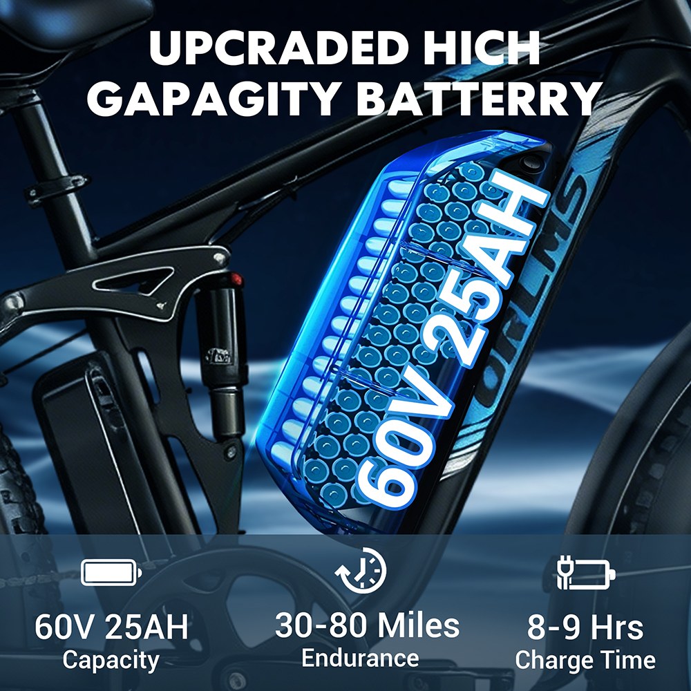 Orlms V3 Elektrofahrrad, 1000 W * 2 Motor, 60 V 25 Ah Akku, 26 * 4,0 Zoll Reifen, 26 * 4,0 Zoll Reifen, 60 km/h Höchstgeschwindigkeit, 120 km maximale Reichweite, hydraulische Bremsen, gefederte Vordergabel, 7-Gang - Blau