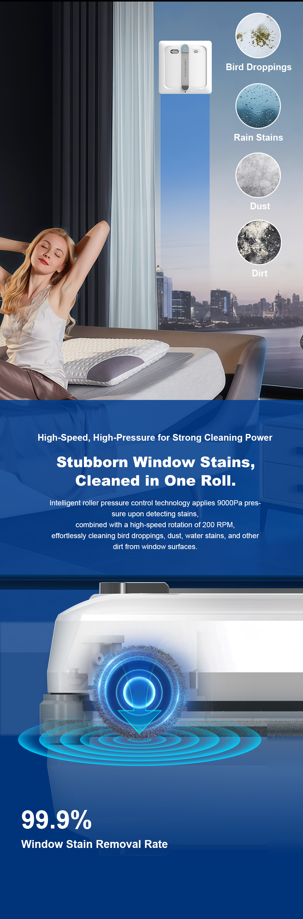 Liectroux S9 Window Cleaning Robot, Dual Roller Brushes, 6-way Water Spray, 9000Pa Suction, Remote and App Control