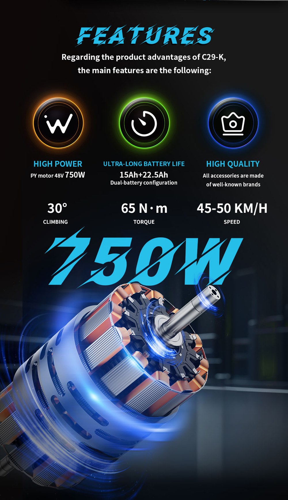 DUOTTS C29-K Elektrofahrrad, 750W Motor, 48V 15Ah+22.5Ah Batterie, 29 Zoll Reifen, 50km/h Maximalgeschwindigkeit, 170km Maximalreichweite, hydraulische Scheibenbremsen, gefederte Vordergabel, Shimano 21-Gang