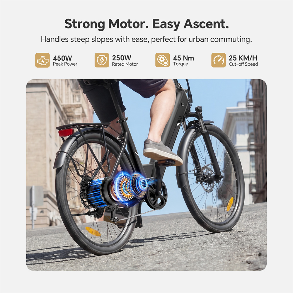 Touroll J2 ST Pro Electric Bike, 250W Motor, 36V 15.6Ah Battery, 26 inch Tires, 25km/h Max Speed, 100km Range, Hydraulic Disc Brake, Front Suspension Fork