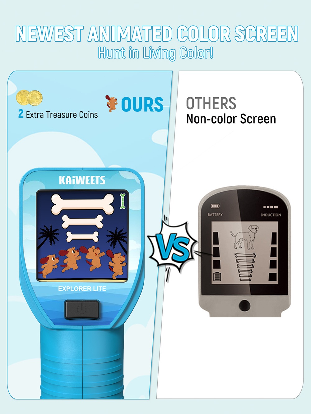 KAIWEETS EXPLORER LITE Kids Metal Detector, 0.39kg Lightweight, Adjustable Stem, Color LCD Display, 4-Step Quick Assembly, Outdoor Treasure Hunting Kit