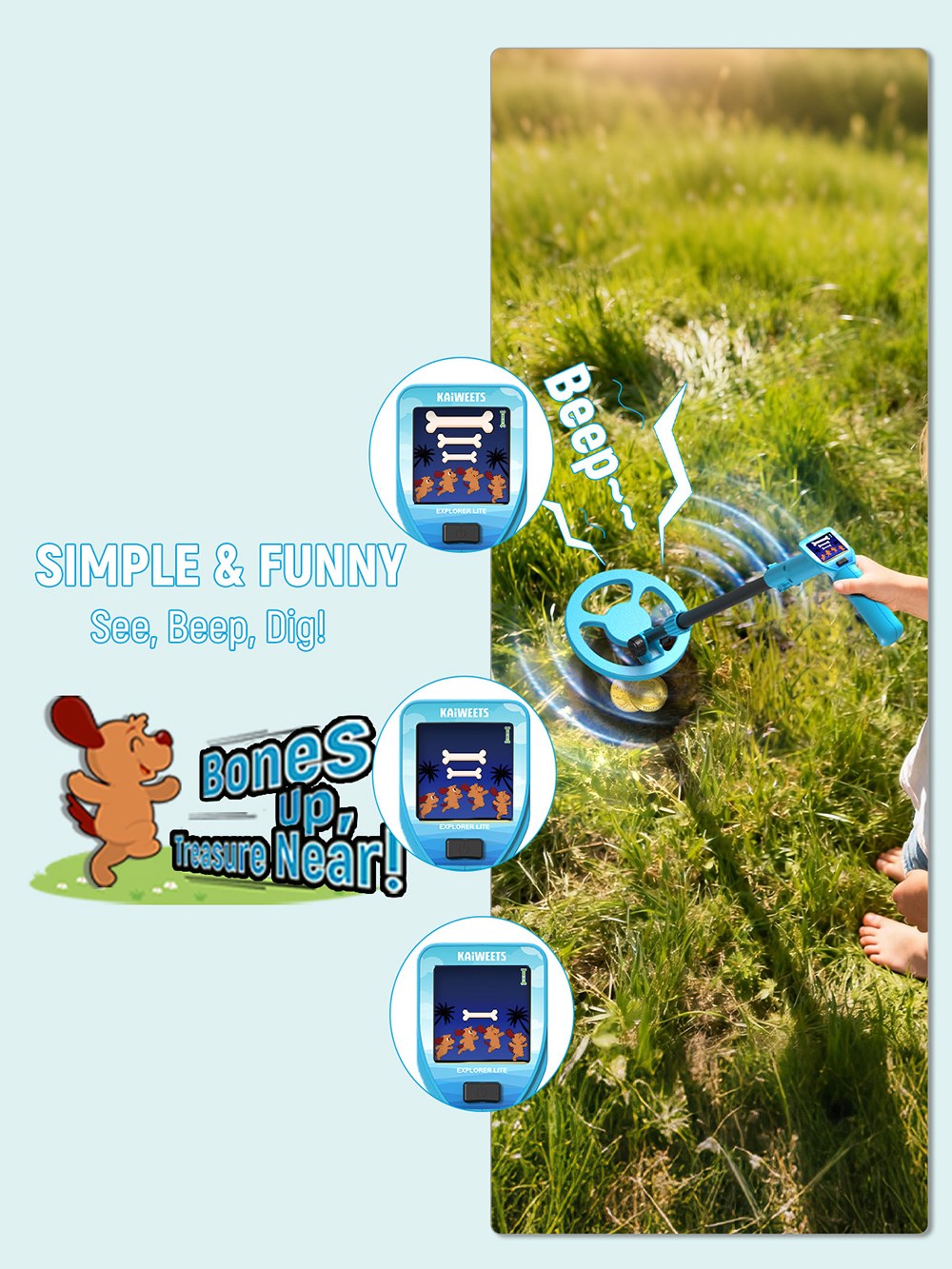 KAIWEETS EXPLORER LITE Kids Metal Detector, 0.39kg Lightweight, Adjustable Stem, Color LCD Display, 4-Step Quick Assembly, Outdoor Treasure Hunting Kit