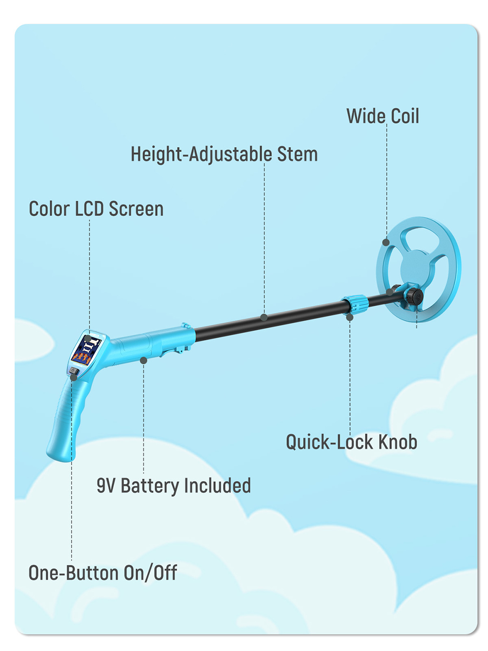 KAIWEETS EXPLORER LITE Kids Metal Detector, 0.39kg Lightweight, Adjustable Stem, Color LCD Display, 4-Step Quick Assembly, Outdoor Treasure Hunting Kit