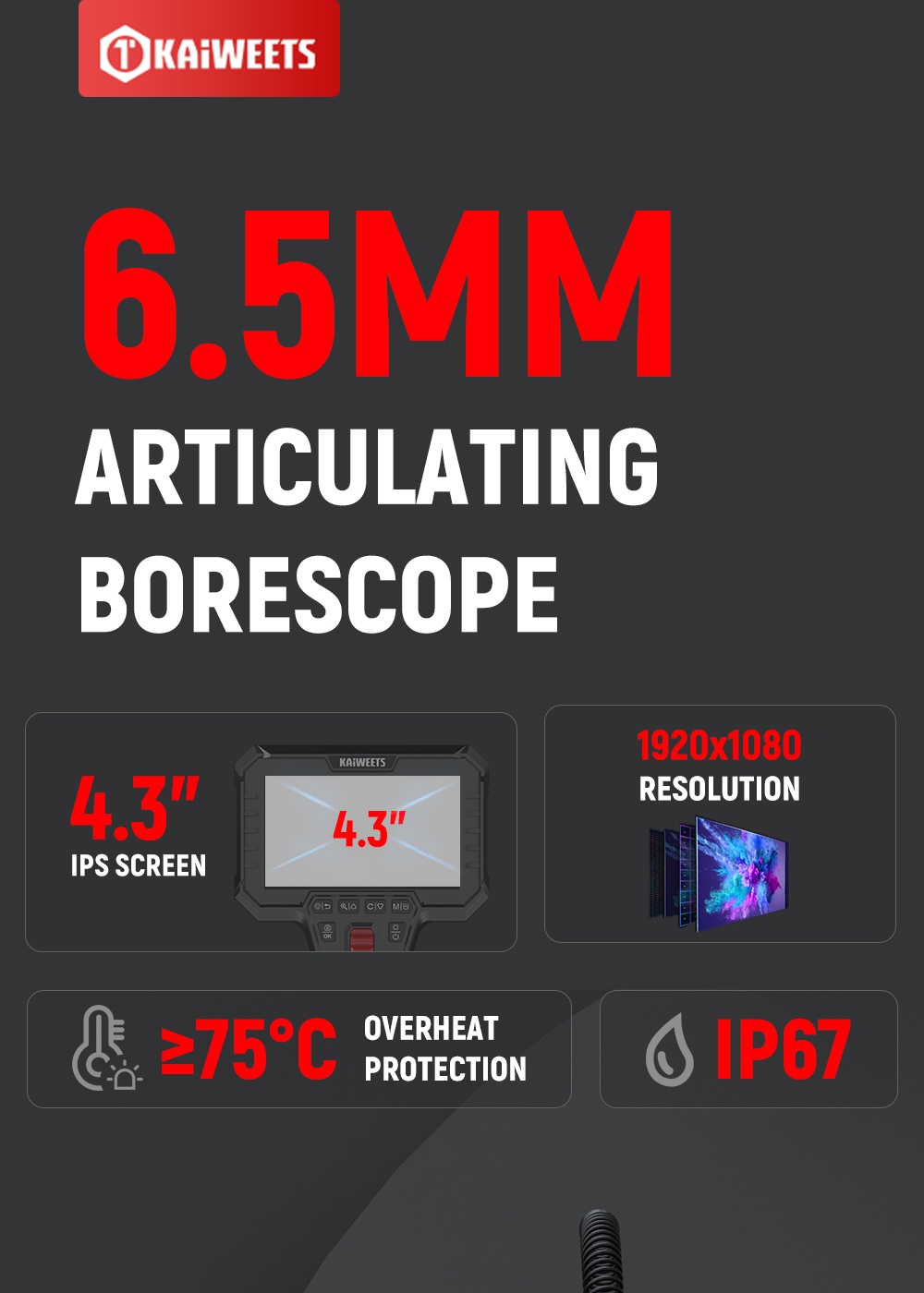 KAIWEETS KBA02 Zwei-Wege-Gelenk-Endoskopkamera, 6,5-mm-Sonde, 210°-Drehung, 1,3 m IPS-Display (1080p), IP67 wasserdicht, 3000-mAh-Akku, 1,6 m Kabel