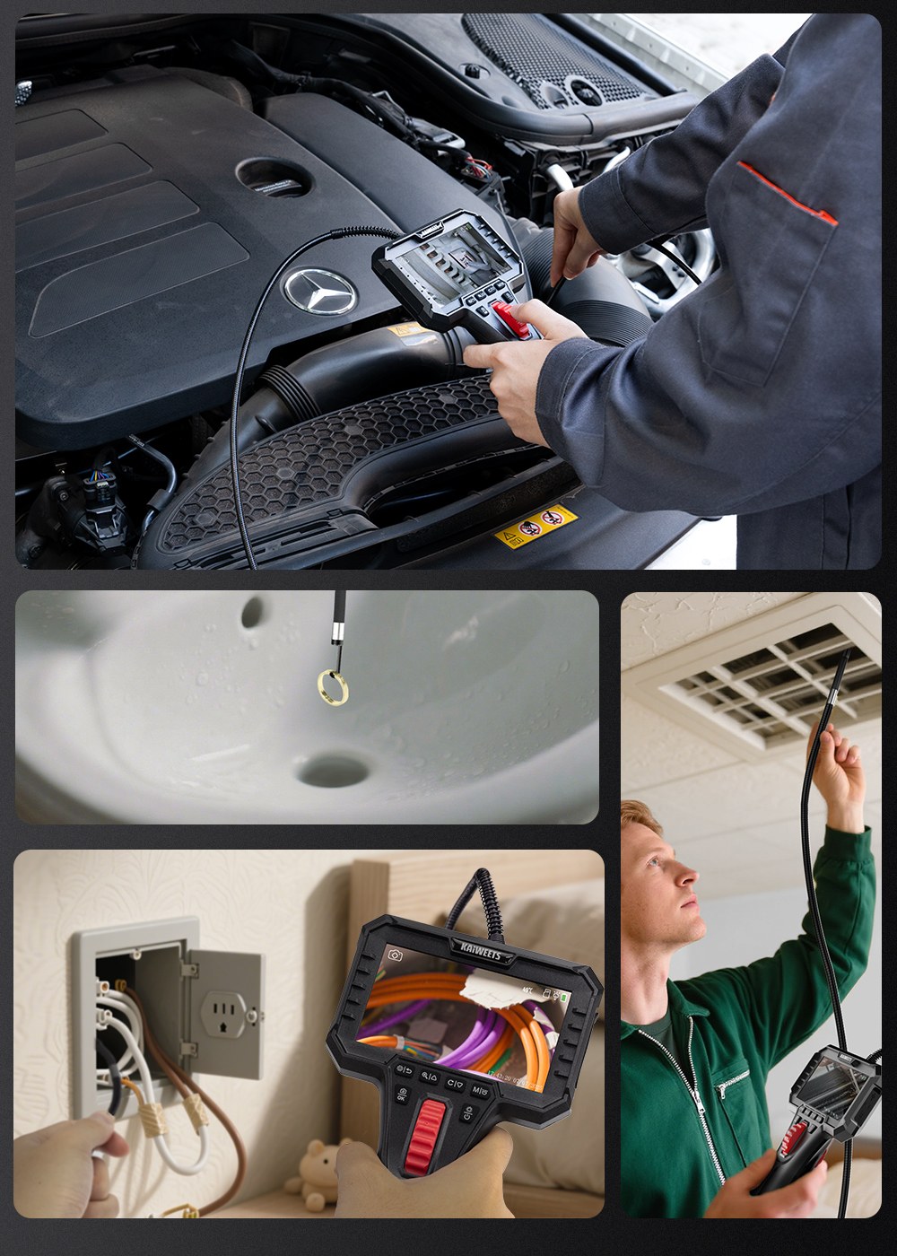 KAIWEETS KBA02 Zwei-Wege-Gelenk-Endoskopkamera, 6,5-mm-Sonde, 210°-Drehung, 1,3 m IPS-Display (1080p), IP67 wasserdicht, 3000-mAh-Akku, 1,6 m Kabel