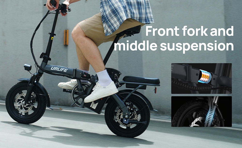 URLIFE F1L Vélo électrique pliable, moteur 250W, batterie 48V 7.5Ah, pneus de 14 pouces, vitesse maximale de 25 km/h, autonomie de 60 km, freins à disque, amortisseur avant et central, écran LCD - Gris