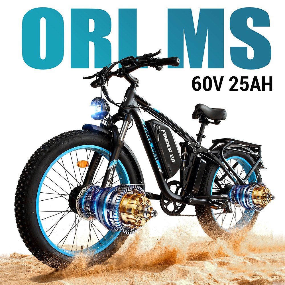 Orlms V3 Elektrofahrrad, 1000 W * 2 Motor, 60 V 25 Ah Akku, 26 * 4,0 Zoll Reifen, 26 * 4,0 Zoll Reifen, 60 km/h Höchstgeschwindigkeit, 120 km maximale Reichweite, hydraulische Bremsen, gefederte Vordergabel, 7-Gang - Blau