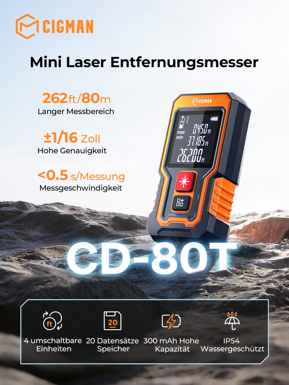 CIGMAN CD-80T Taschenformat-Laser-Maßband, 80m Reichweite, ±2mm Genauigkeit, IP54 wasserdicht, 20 Datengruppen, Typ-C wiederaufladbares Laser-Entfernungsmessgerät
