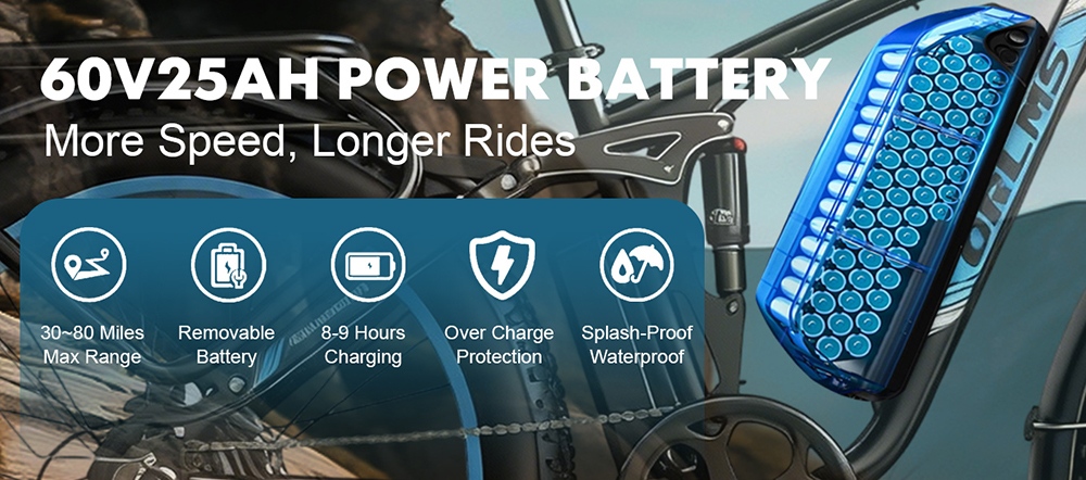 Orlms V3 Elektrofahrrad, 1000 W * 2 Motor, 60 V 25 Ah Akku, 26 * 4,0 Zoll Reifen, 26 * 4,0 Zoll Reifen, 60 km/h Höchstgeschwindigkeit, 120 km maximale Reichweite, hydraulische Bremsen, gefederte Vordergabel, 7-Gang - Blau