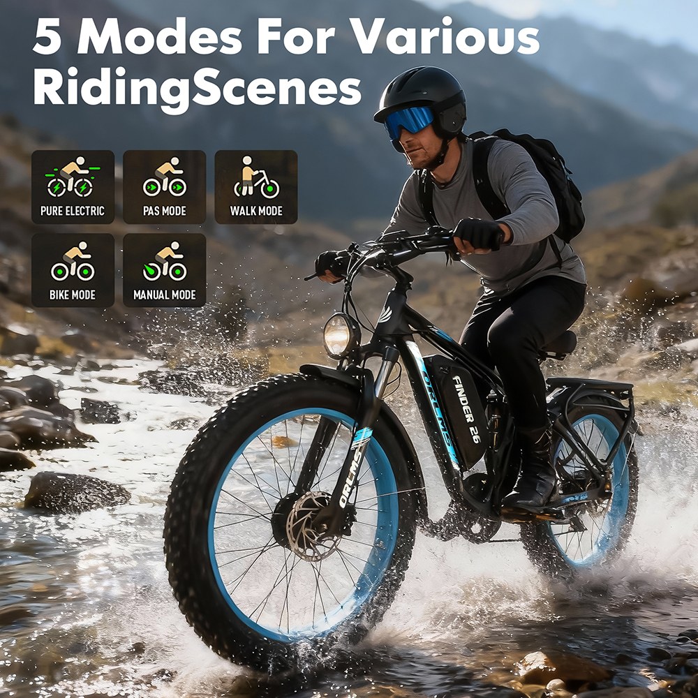 Orlms V3 Elektrofahrrad, 1000 W * 2 Motor, 60 V 25 Ah Akku, 26 * 4,0 Zoll Reifen, 26 * 4,0 Zoll Reifen, 60 km/h Höchstgeschwindigkeit, 120 km maximale Reichweite, hydraulische Bremsen, gefederte Vordergabel, 7-Gang - Blau