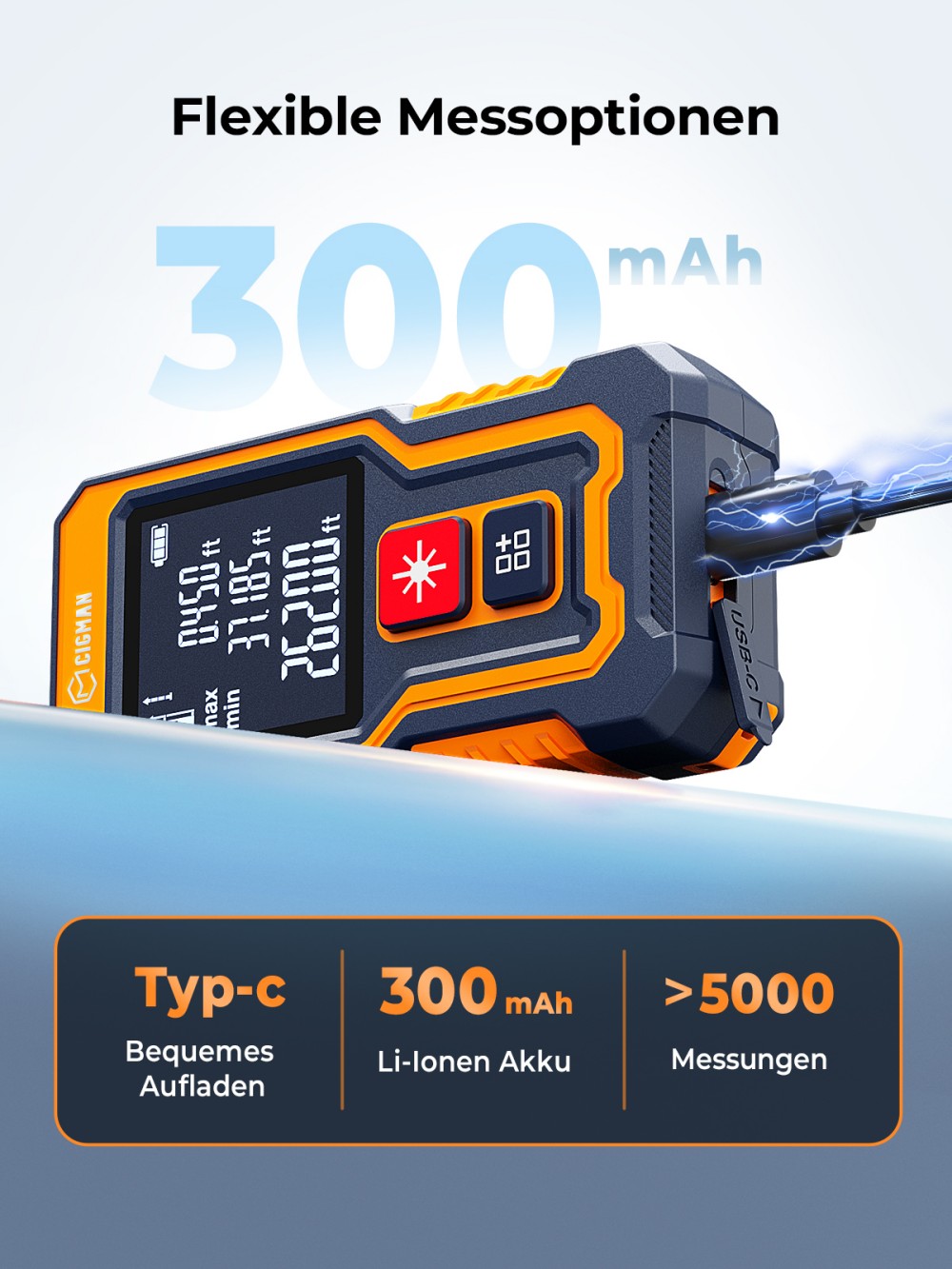 CIGMAN CD-80T Taschenformat-Laser-Maßband, 80m Reichweite, ±2mm Genauigkeit, IP54 wasserdicht, 20 Datengruppen, Typ-C wiederaufladbares Laser-Entfernungsmessgerät