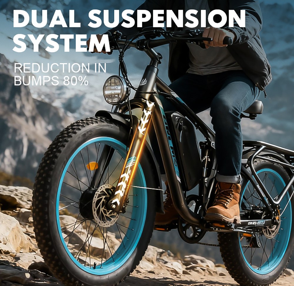 Orlms V3 Elektrofahrrad, 1000 W * 2 Motor, 60 V 25 Ah Akku, 26 * 4,0 Zoll Reifen, 26 * 4,0 Zoll Reifen, 60 km/h Höchstgeschwindigkeit, 120 km maximale Reichweite, hydraulische Bremsen, gefederte Vordergabel, 7-Gang - Blau