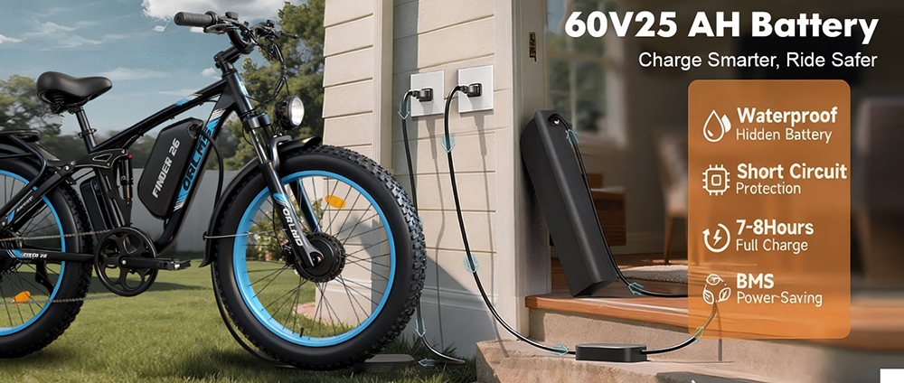 Orlms V3 Elektrofahrrad, 1000 W * 2 Motor, 60 V 25 Ah Akku, 26 * 4,0 Zoll Reifen, 26 * 4,0 Zoll Reifen, 60 km/h Höchstgeschwindigkeit, 120 km maximale Reichweite, hydraulische Bremsen, gefederte Vordergabel, 7-Gang - Blau