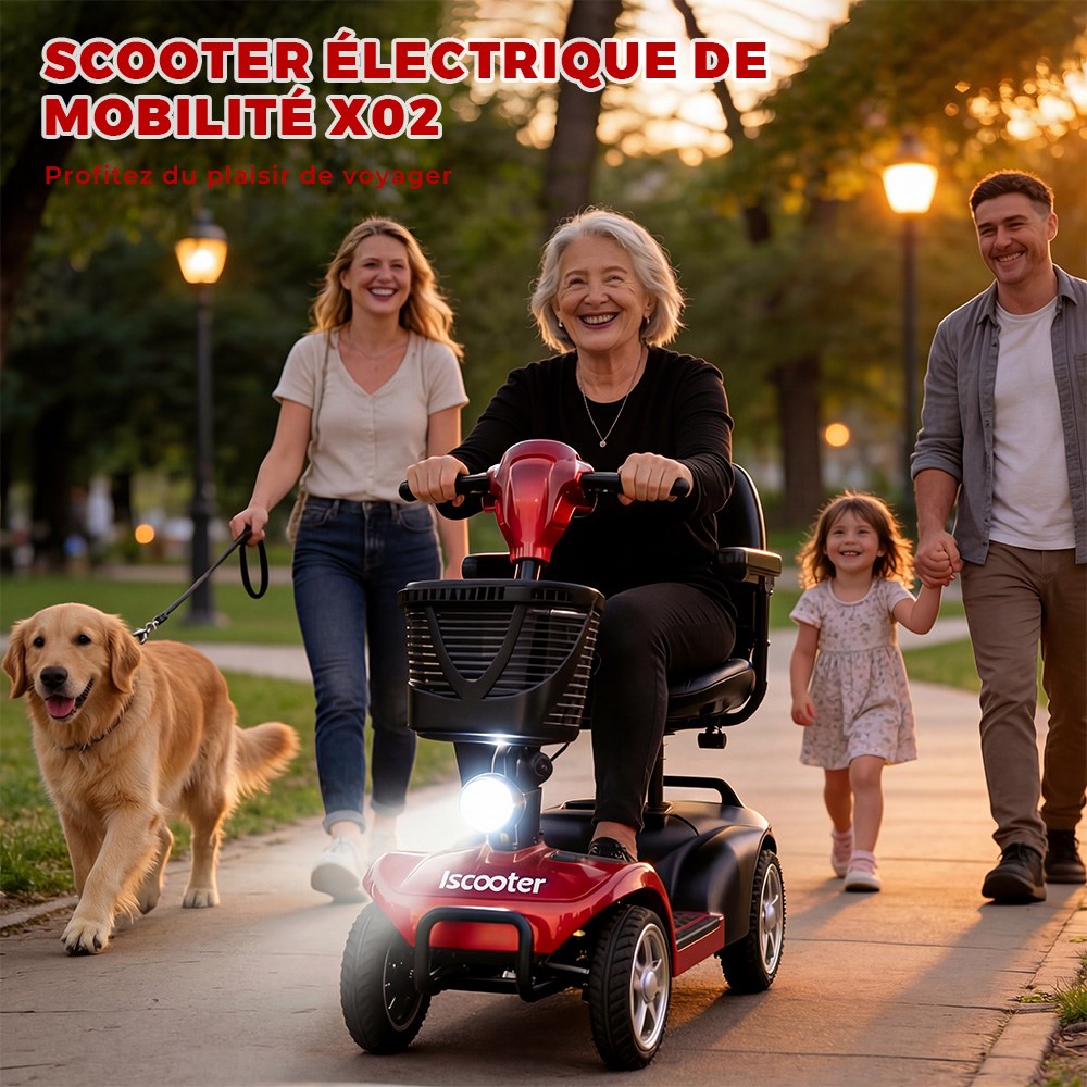 iScooter X02 Scooter de mobilité, moteur 300 W, batterie 24 V 12 Ah, vitesse maximale 8 km/h, autonomie 25 km, scooter électrique 4 roues avec siège pivotant et frein électromagnétique, charge maximale 136 kg