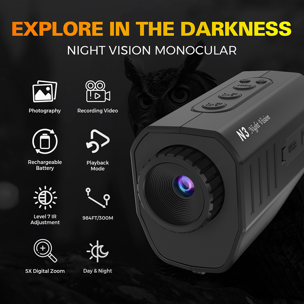 GTGUARD N3 Night Vision Monocular, 300m IR 850nm, 12MP Photo, 1080P Video, 1X–5X Digital Zoom, F1.4 Lens, 2000mAh Battery, USB-C, TF Card up to 128GB, 7-Level IR Adjustment