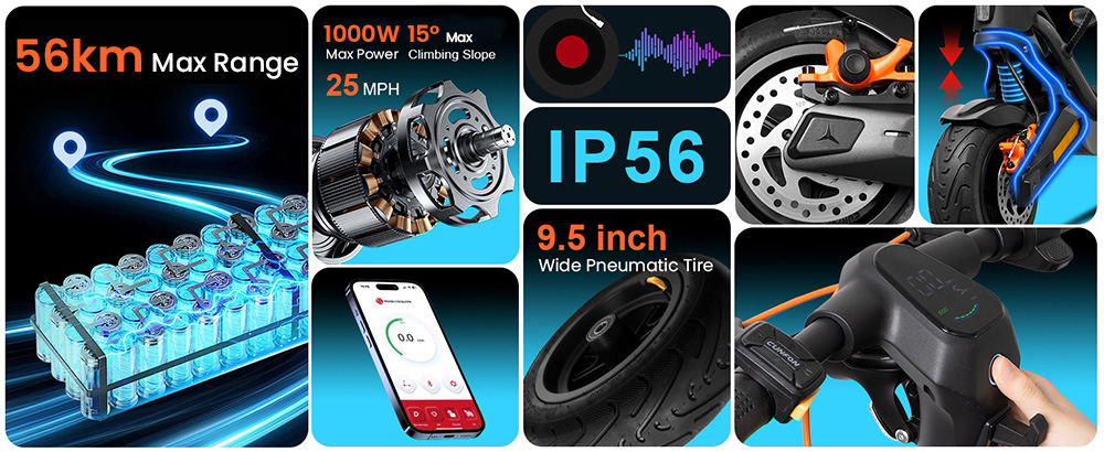 Trottinette électrique CUNFON RS500, moteur 500 W, batterie 36 V 13 Ah, autonomie de 56 km, vitesse maximale de 40 km/h, pneus 9,5 pouces, angle d'inclinaison maximal de 15°, freins à disque avant et arrière, charge maximale de 100 kg