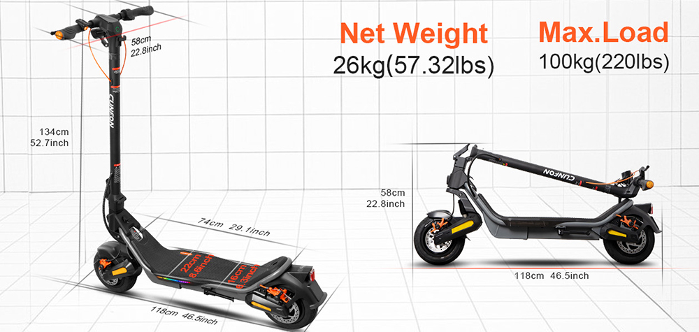 Trottinette électrique CUNFON RS500, moteur 500 W, batterie 36 V 13 Ah, autonomie de 56 km, vitesse maximale de 40 km/h, pneus 9,5 pouces, angle d'inclinaison maximal de 15°, freins à disque avant et arrière, charge maximale de 100 kg