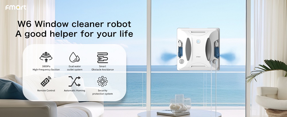 FMART W6 Fensterputzroboter, 3800 Pa Saugkraft, doppelter Ultraschall-Wassersprüher, KI-SLAM-Navigation, App- und 2,4-GHz-Fernbedienung, USV-Backup, für rahmenlose Fenster in Innenräumen und Hochhäusern