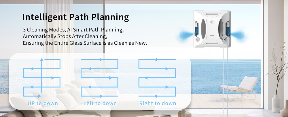 FMART W6 Fensterputzroboter, 3800 Pa Saugkraft, doppelter Ultraschall-Wassersprüher, KI-SLAM-Navigation, App- und 2,4-GHz-Fernbedienung, USV-Backup, für rahmenlose Fenster in Innenräumen und Hochhäusern