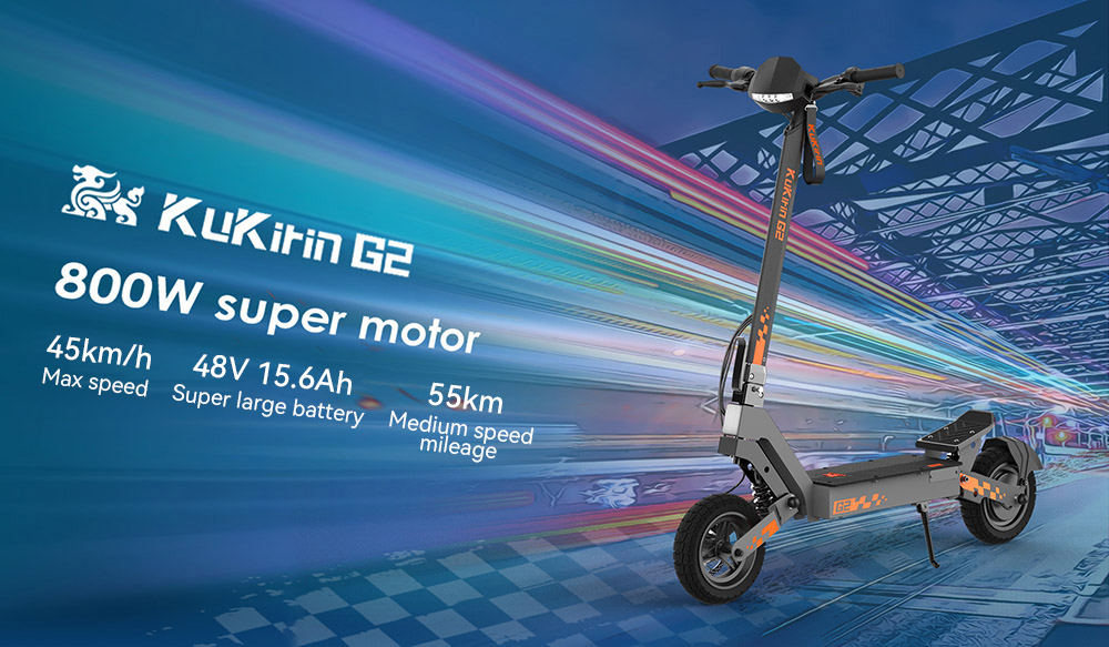 Kukirin G2 Foldable Electric Scooter 2026 Upgrade 800W Motor 48V 15.6Ah Battery 10-inch Tire 45km/h Max Speed 55km Range Touchscreen Display Disc Brake 7 Light System