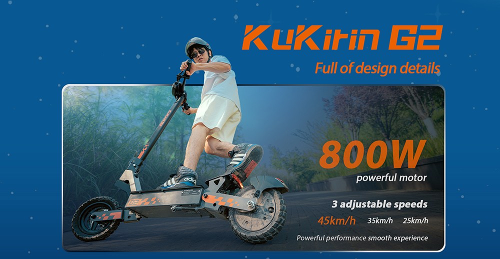 Kukirin G2 Foldable Electric Scooter 2026 Upgrade 800W Motor 48V 15.6Ah Battery 10-inch Tire 45km/h Max Speed 55km Range Touchscreen Display Disc Brake 7 Light System