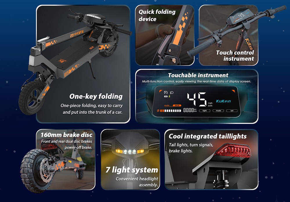 Kukirin G2 Foldable Electric Scooter 2026 Upgrade 800W Motor 48V 15.6Ah Battery 10-inch Tire 45km/h Max Speed 55km Range Touchscreen Display Disc Brake 7 Light System