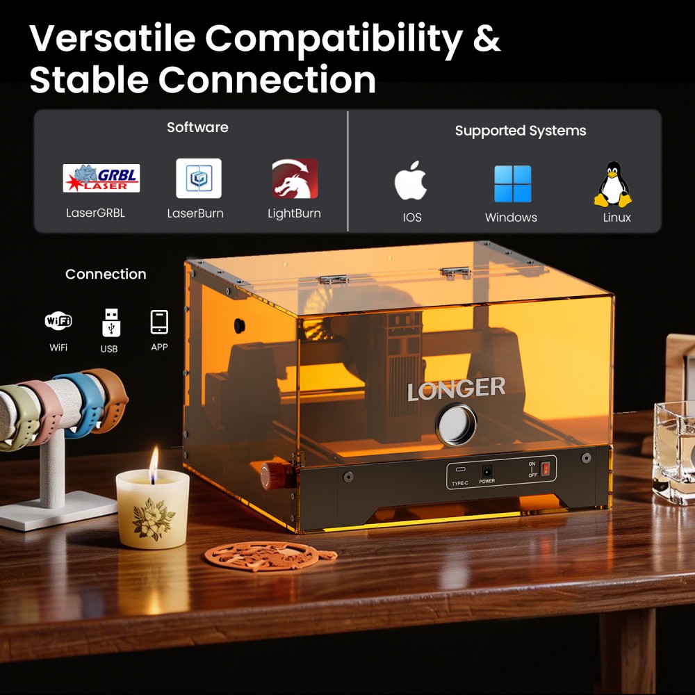 LONGER Ray5 MiniS 3.5W Enclosed Laser Engraver, Class 1 Safety Protection, 0.04mm Precision, 12000mm/min Speed, 130×140mm Work Area, WiFi/USB/App Control, 12mm Cutting Depth, Compatible with Wood/Acrylic/Leather/Metal/Ceramic